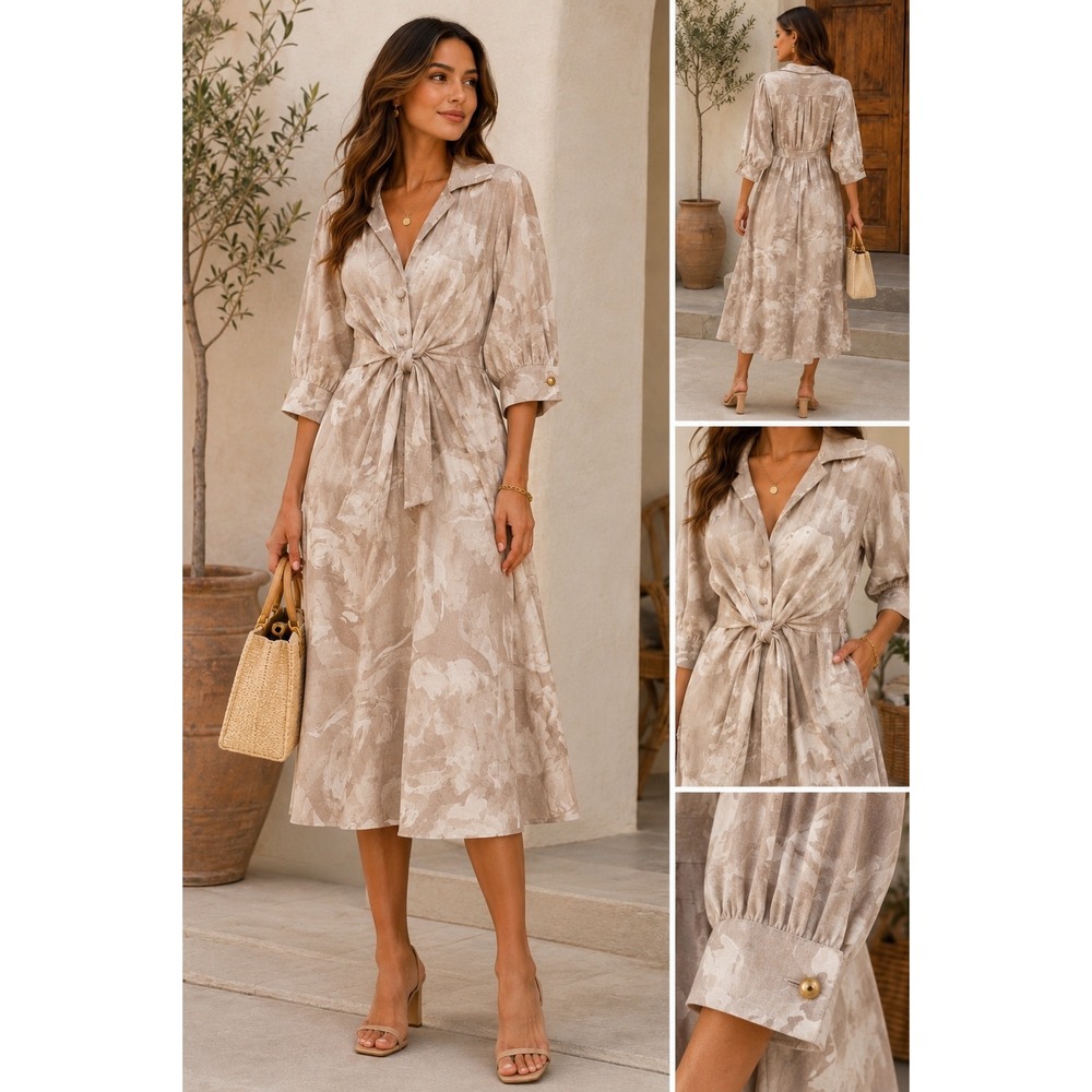 Donna Karan New York Floral Linen Blend Tie Front Midi Dress Neutral Tan Size 6